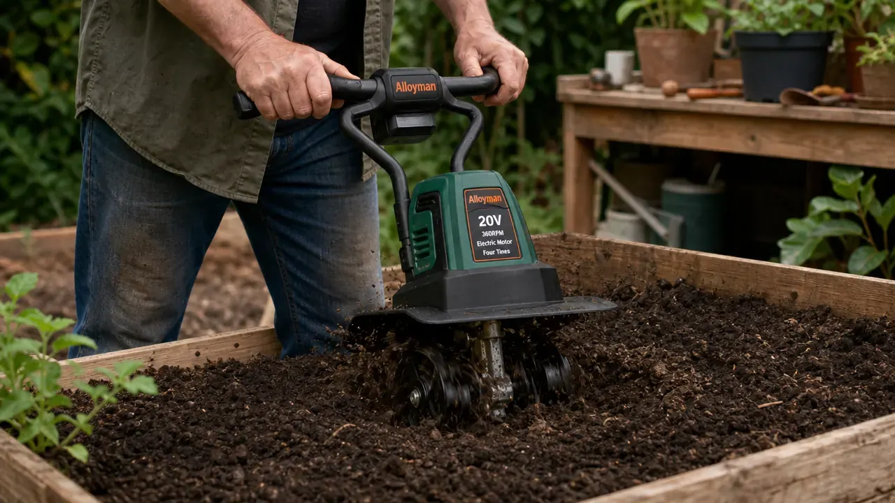 Close-up of cordless cultivator tines turning soil in a raised bed, Alloyman unit visible