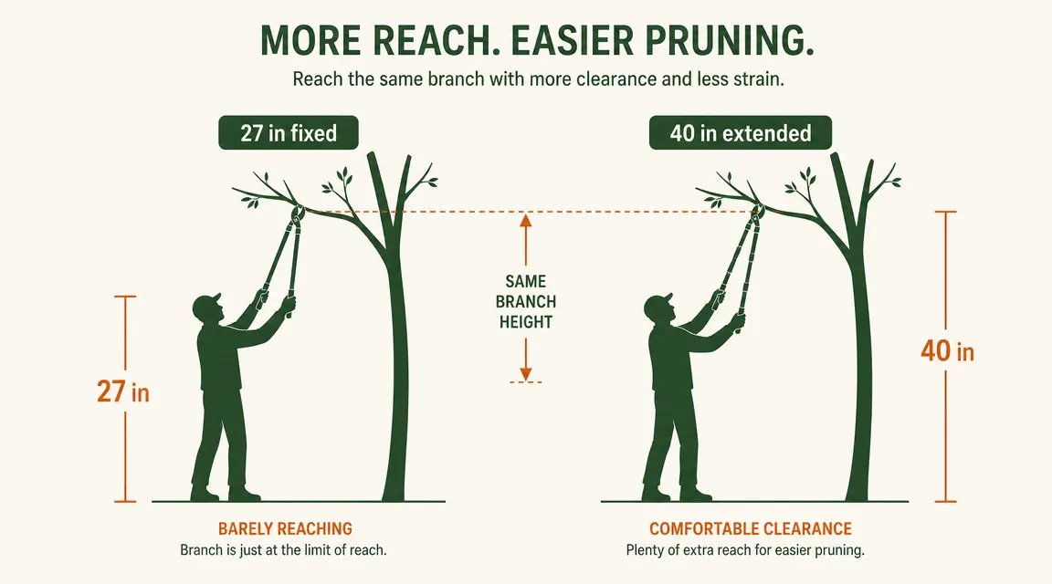 Comparison chart showing reach of 27-inch fixed lopper versus 40-inch extended lopper on same shrub