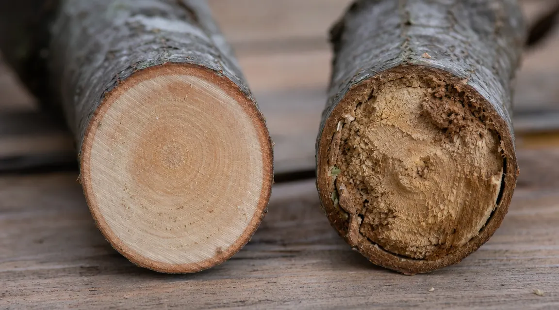 Clean bypass cut on a 1-inch lilac cane compared to a crushed cut from an anvil tool