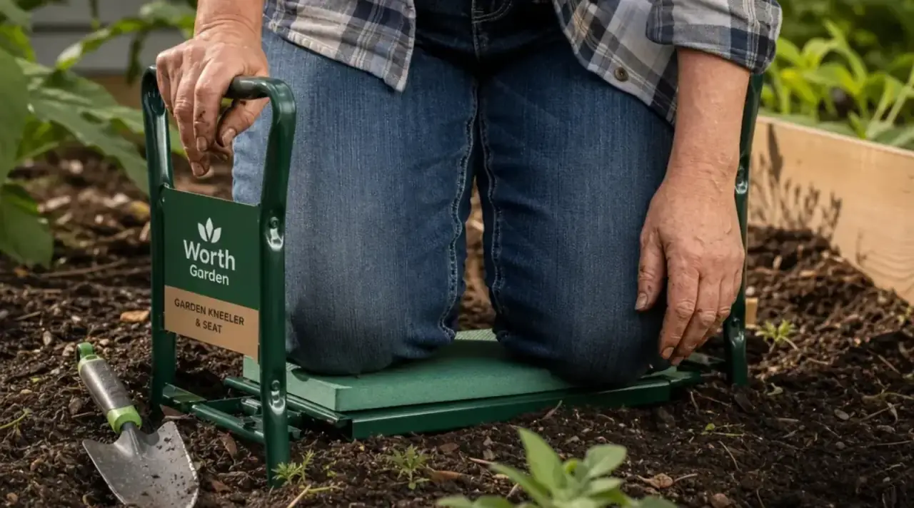 Close-up of foam padding on a garden kneeler seat resting on bare soil next to a trowel