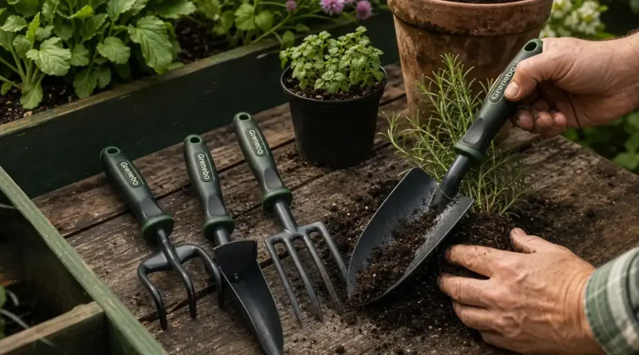 Grenebo 9-piece garden hand tool set laid out on weathered wood, trowel centered