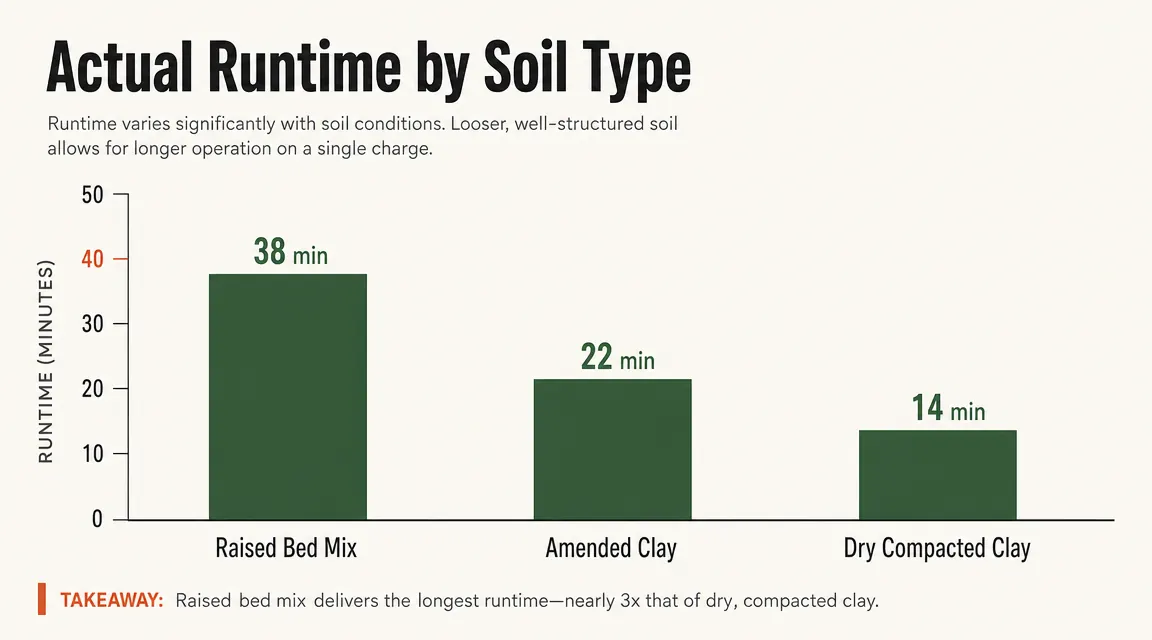 Battery charge indicator chart comparing expected vs actual runtime across three soil types
