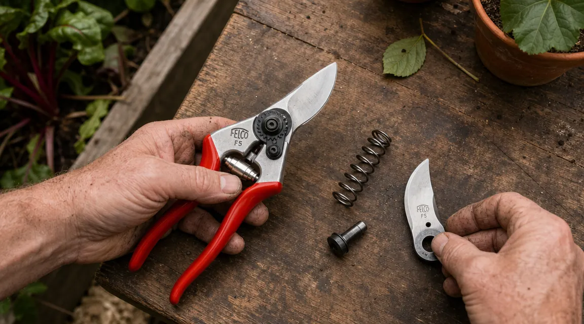 Individual Felco replacement parts laid out on a workbench including blade, spring, and pivot bolt