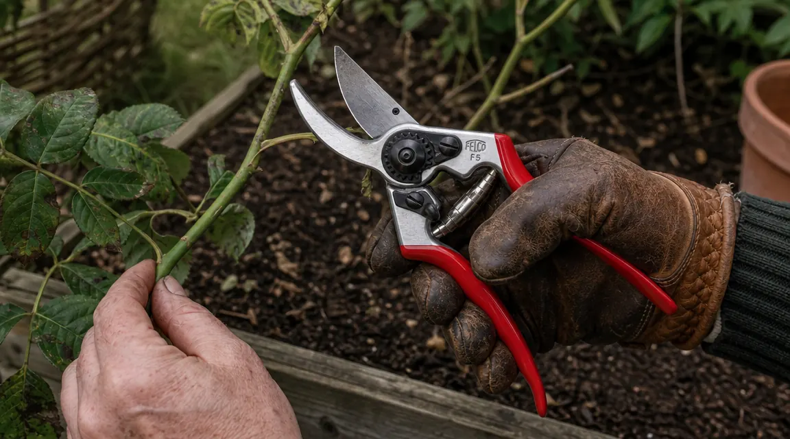 Close-up of Felco F5 pruning shears held open in a gloved hand, showing the hardened steel blade and red aluminum handle