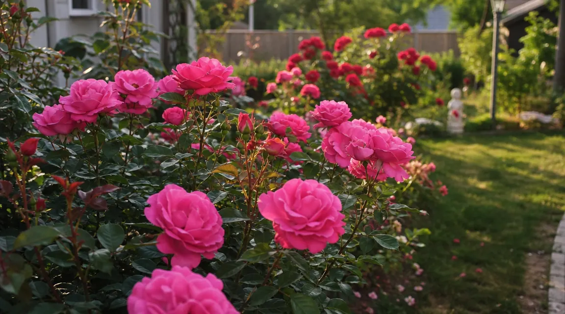 Rose garden bed in mid-summer full bloom, well-shaped bushes with new growth after proper pruning