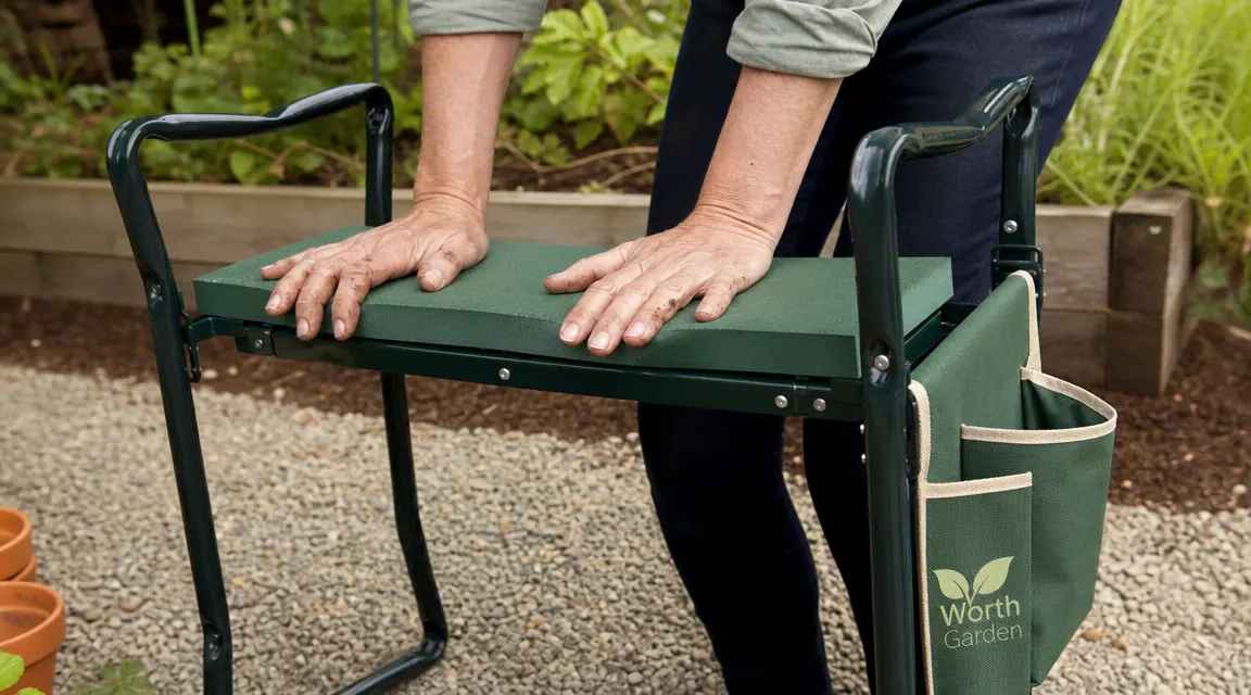 Close-up of the Worth Garden kneeler-seat folded open as a kneeling pad, foam surface visible, steel legs on either side