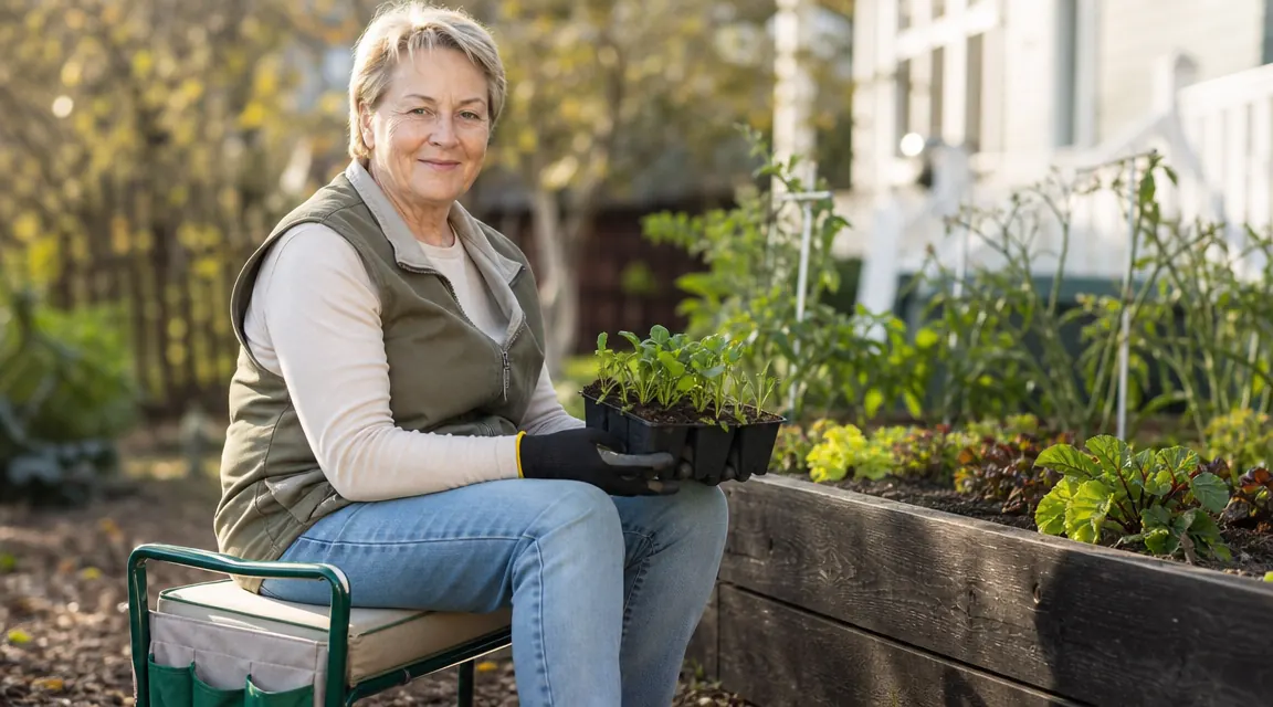Gardener seated on a flipped garden kneeler bench, sorting seedlings beside a raised bed on a sunny afternoon