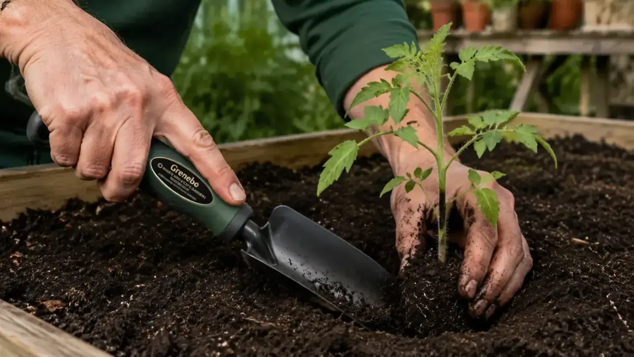A gardener using the Grenebo trowel to transplant a tomato seedling into a raised bed