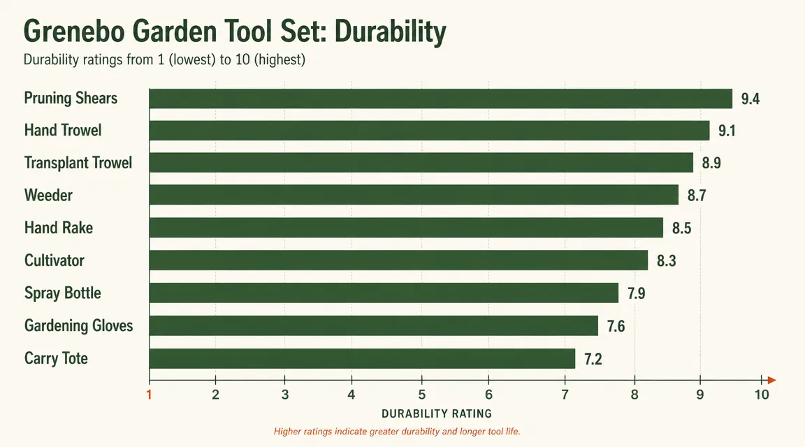 Chart showing durability scores for each of the nine Grenebo tools after one full growing season