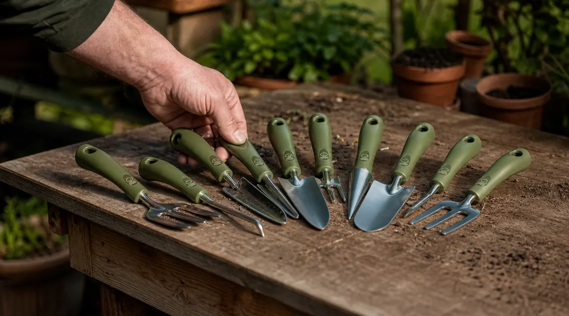 Garden tool set fanned out on a weathered potting bench, labels showing cultivator, transplanter, weeder, and rake