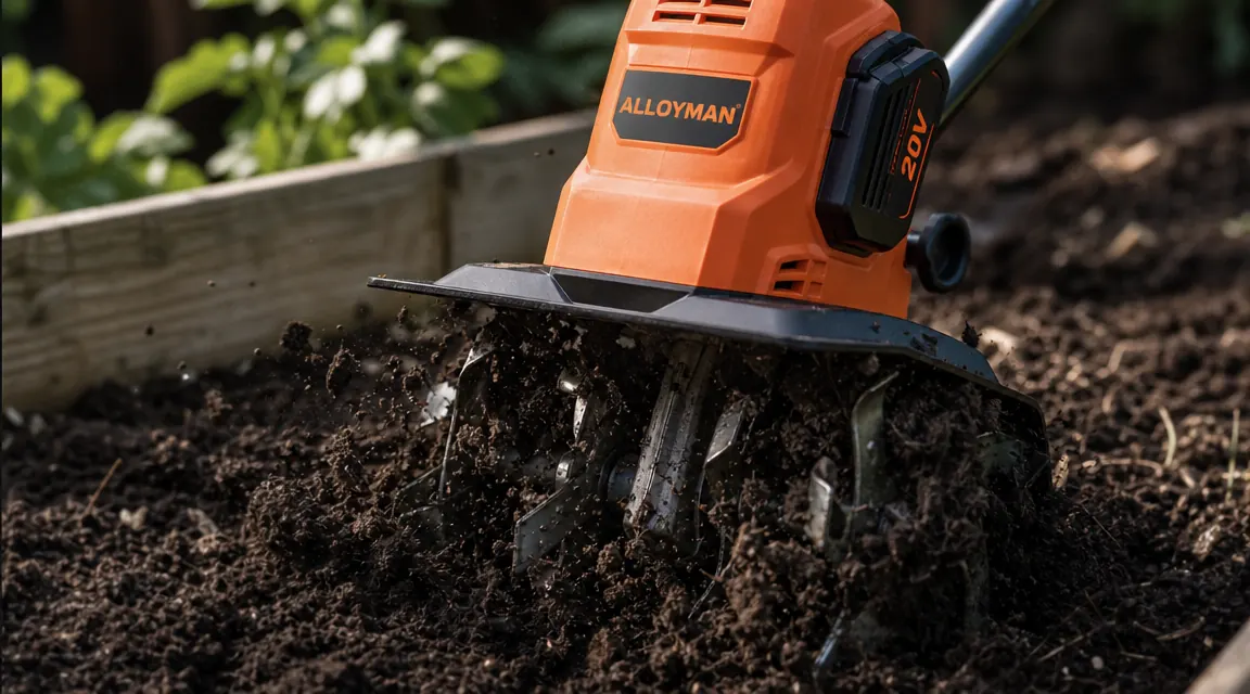 Close-up of four rotating tines digging into dark garden soil showing tine depth and soil texture