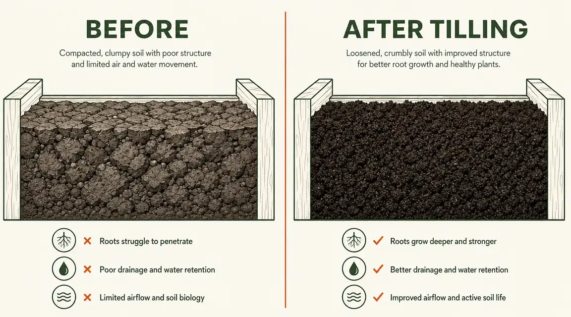 Side-by-side view of a raised bed before and after tilling showing compacted soil versus loose workable soil