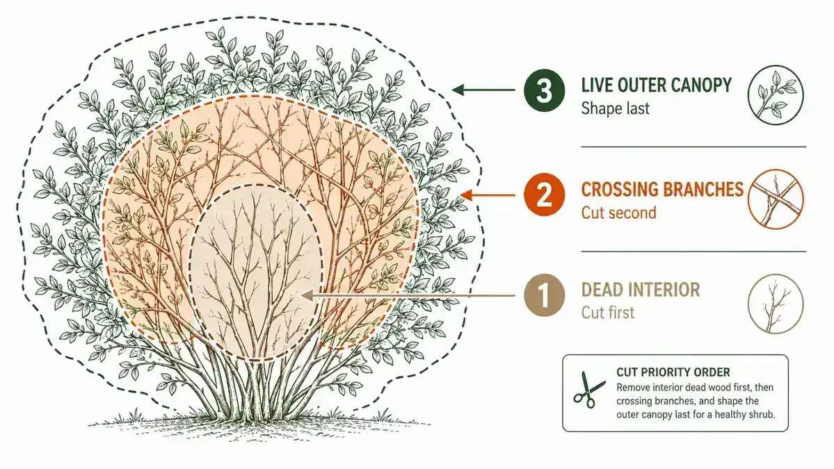 Diagram showing the three zones of a shrub: dead interior, crossing branches, and live outer growth