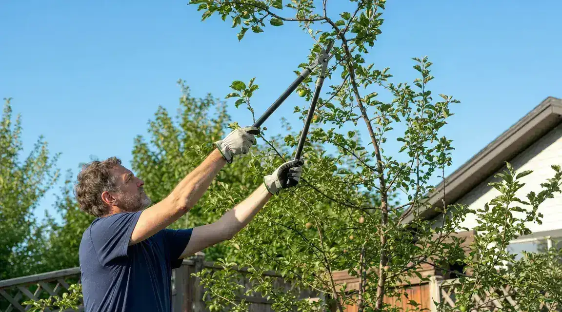Gardener reaching up with extended lopper to cut a high branch on a small apple tree