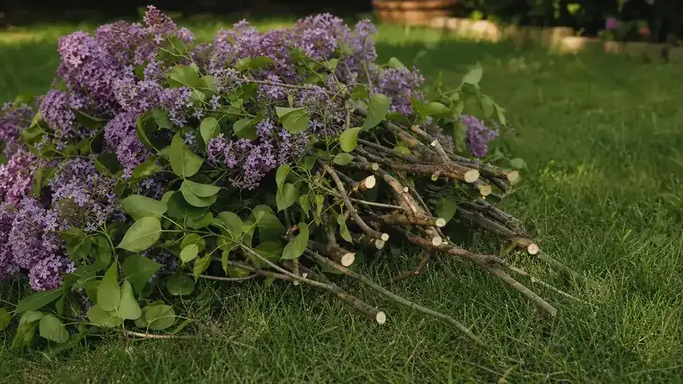 Pile of freshly cut lilac branches on the ground beside a garden, clean cuts visible on the branch ends