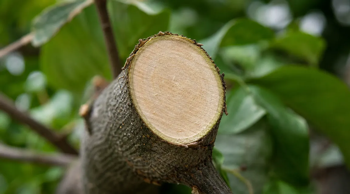 Clean bypass cut on a one-and-a-half inch shrub branch showing smooth wound surface
